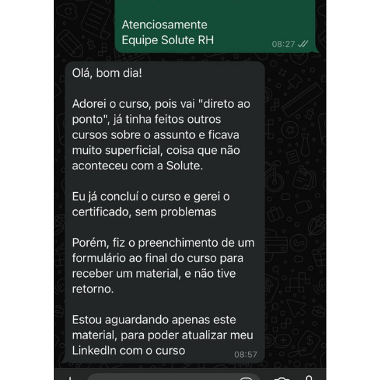 Print do depoimento de Gisele no WhatsApp